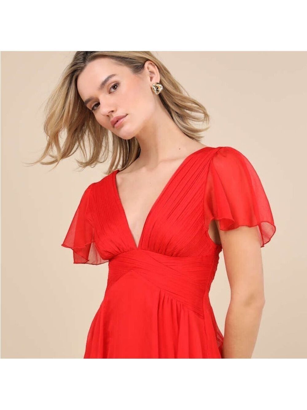 Lulus Red Chiffon Midi Dress XS NWT/Flutter Sleeves, V-Neck, Wedding Guest Ready - Picture 3 of 8